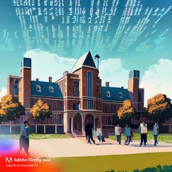AI image generated with Firefly using the text to image prompt " Tufts University's campus with students walking about and computer code in the background"