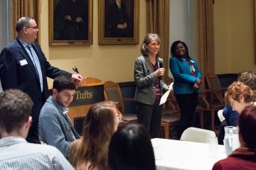 09/24/2018 - Medford/Somerville, Mass. - Deborah Kochevar, Provost and Senior Vice President ad Interim, gives remarks at the first Tufts Table event, this one hosted by the Bridging Differences Initiative, on September 24, 2018. (Alonso Nichols/Tufts University)