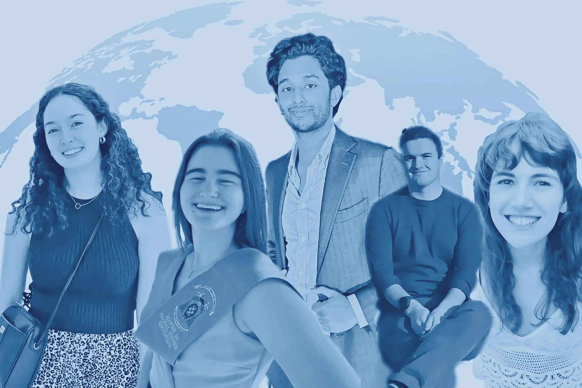 A photo illustration of the 5 Tufts Fulbright scholar, with an illustration of the globe in the background.