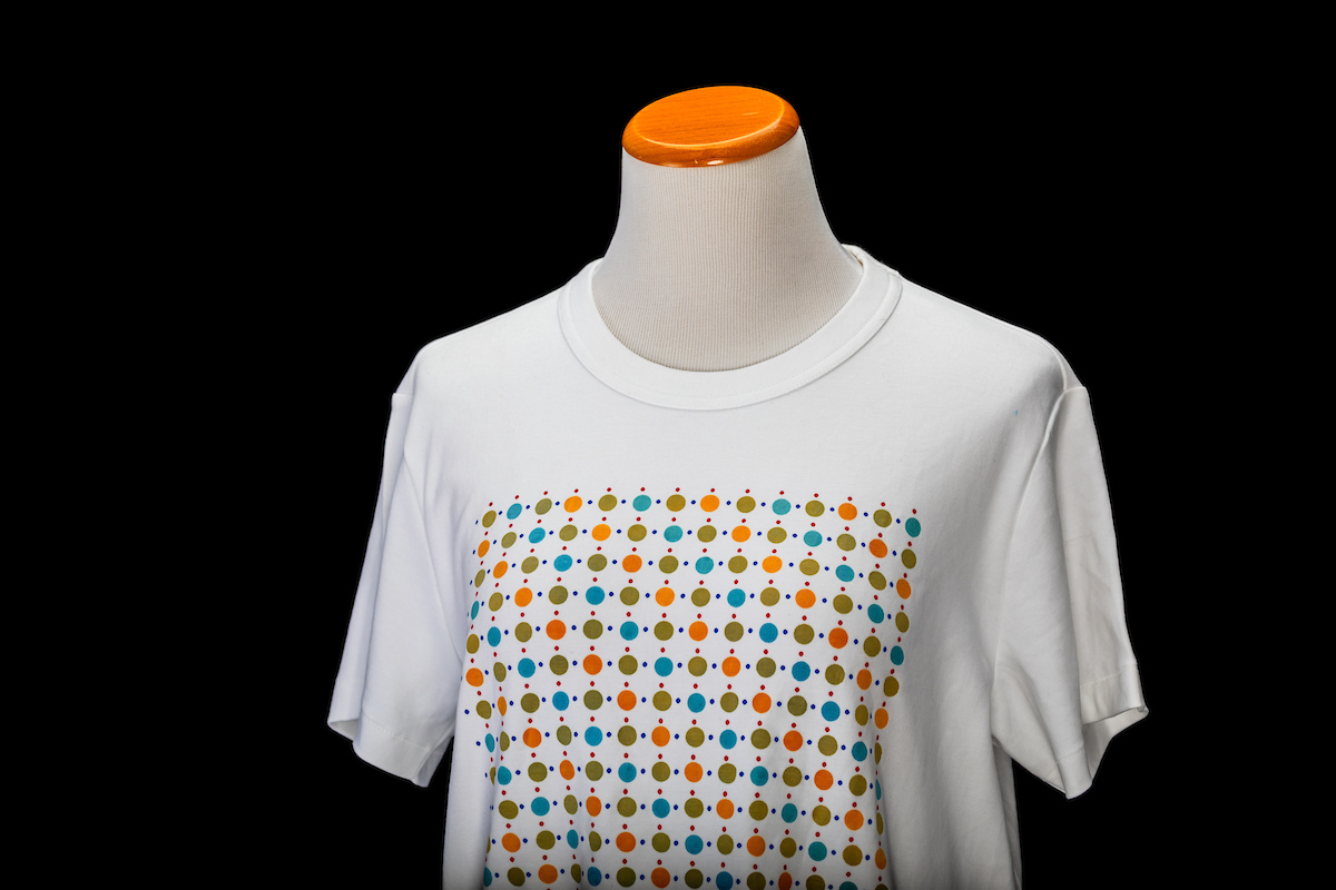 A shirt with inks that change color in response to chemicals released from the body or in response to the surrounding environment made at the Silk Lab and photographed on June 15, 2023