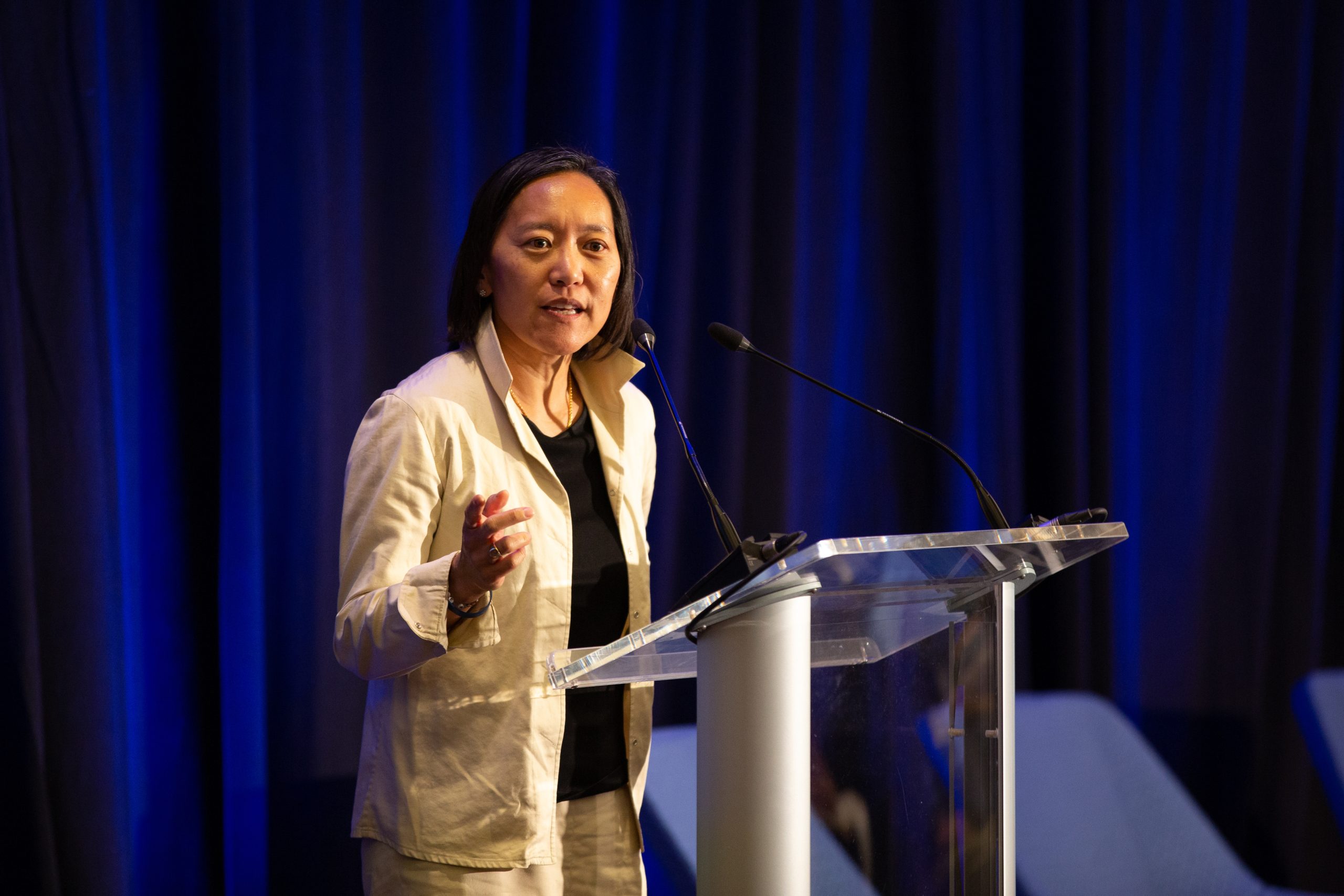 Massachusetts Secretary of Economic Development Elaine Hao delivers the keynote address at Bluetech Innovation Day at Tufts University.