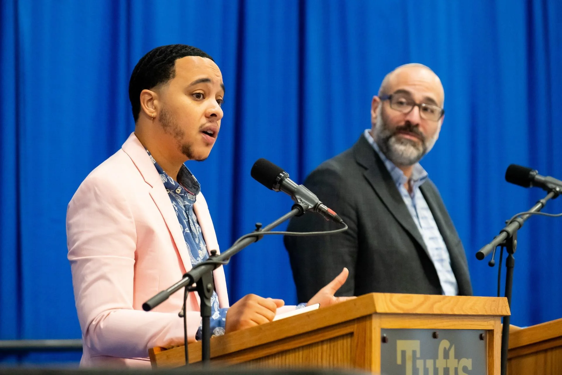 Graie Hagans, chief vision officer of Bend the Arc, and Rabbi Or Rose, founding director of the Miller Center for Interreligious Learning & Leadership of Hebrew College, spoke to students about combating antisemitism.