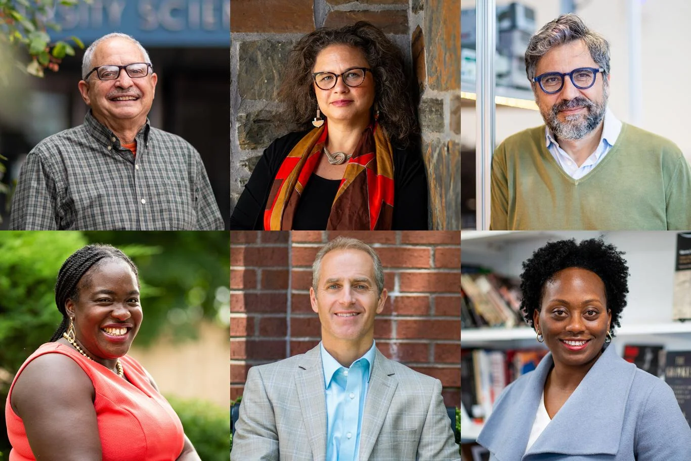 Shown clockwise from top left: David Kaplan, Stern Family Endowed Professor of Engineering; Kendra Field, associate professor of history and director of the Center for the Study of Race and Democracy at Tufts; Fiorenzo Omenetto, Doble Professor of Engineering and director of Silklab; Kerri Greenidge, Mellon Assistant Professor in the Department of Studies in Race, Colonialism, and Diaspora; Dariush Mozaffarian, Distinguished Professor and director of the Food Is Medicine Institute; and Ndidiamaka Amutah-Onukagha, Okoro Professor of Black Maternal Health and director of the Center for Black Maternal Health and Reproductive Justice.