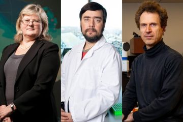 Photos of three professors side by side, Elena Naumova, Michael Levin, and Matthias Scheutz. They are named fellows of the American Association for the Advancement of Science