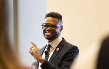 Vice Provost for Institutional Inclusive Excellence Monroe France speaks at the the DEIJ Welcome Reception at the Joyce Cummins Center on October 23rd, 2023.