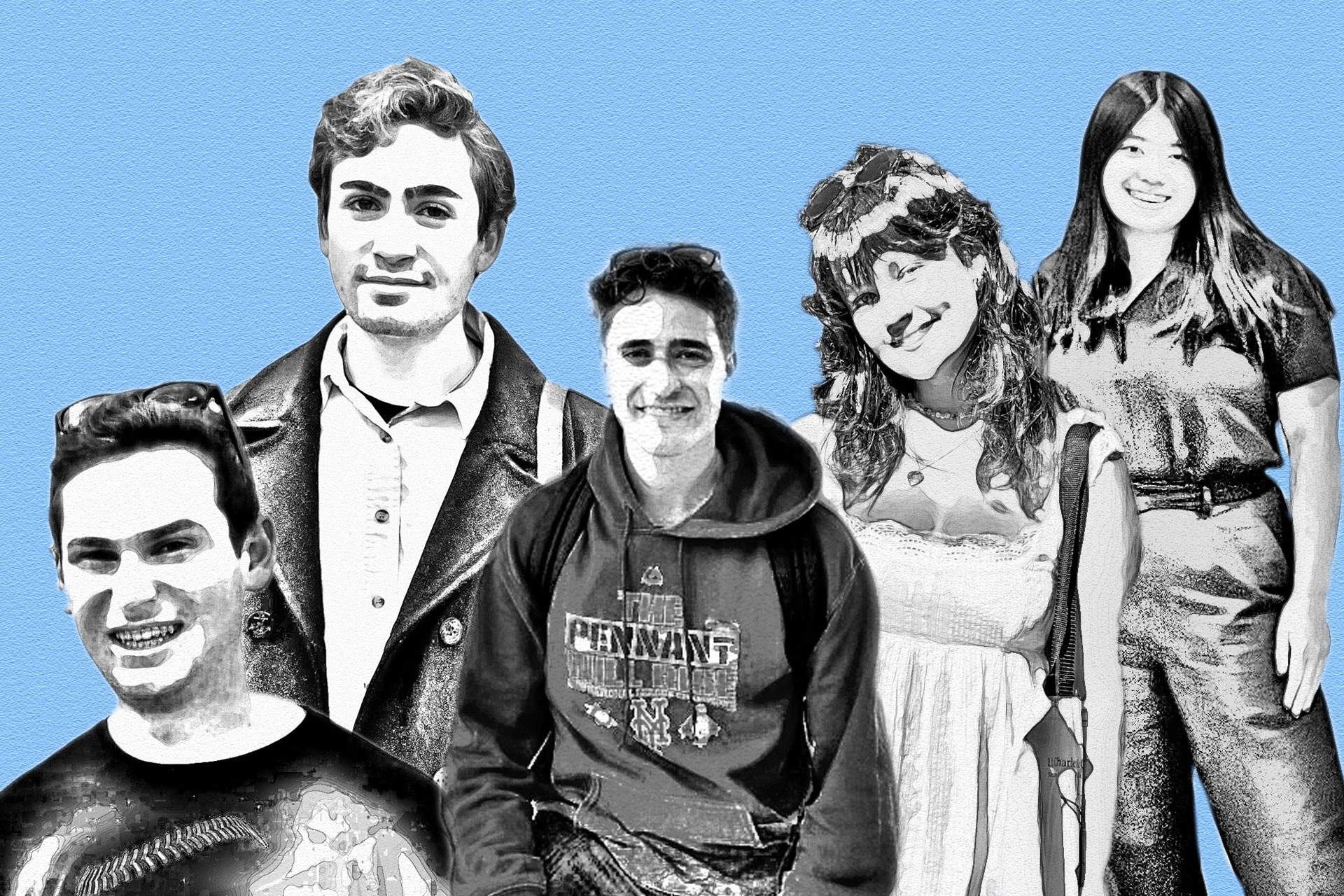 A photo illustration and collage of the five Tufts students who received Fulbright Scholarships. From left to right, Jake Freudberg, A22, Jason Smith, A22, Max Goldfarb, A22, Phoebe Yates, A22, and Sophia Wang, E22