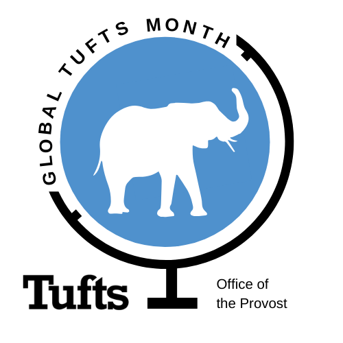 Global Tufts Month Logo, which features a globe that is the Tufts blue and has the elephant mascot on it