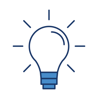 Blue and while icon of a flashing lightbulb