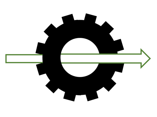 A green arrow pointing from left to right through a black gear icon